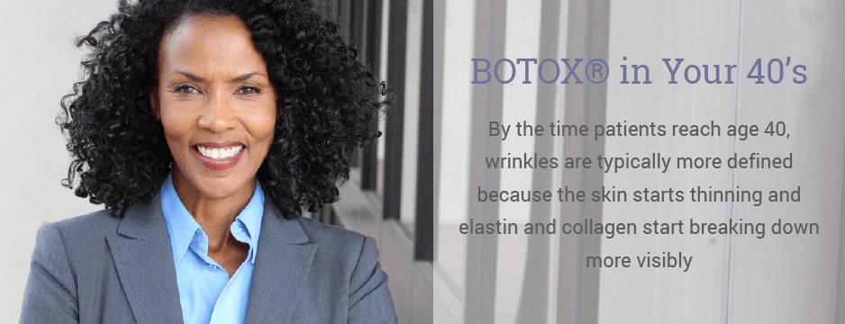 By the time patients reach age 40, wrinkles are typically more defined because the skin starts thinning and elastin and collagen start breaking down more visibly.